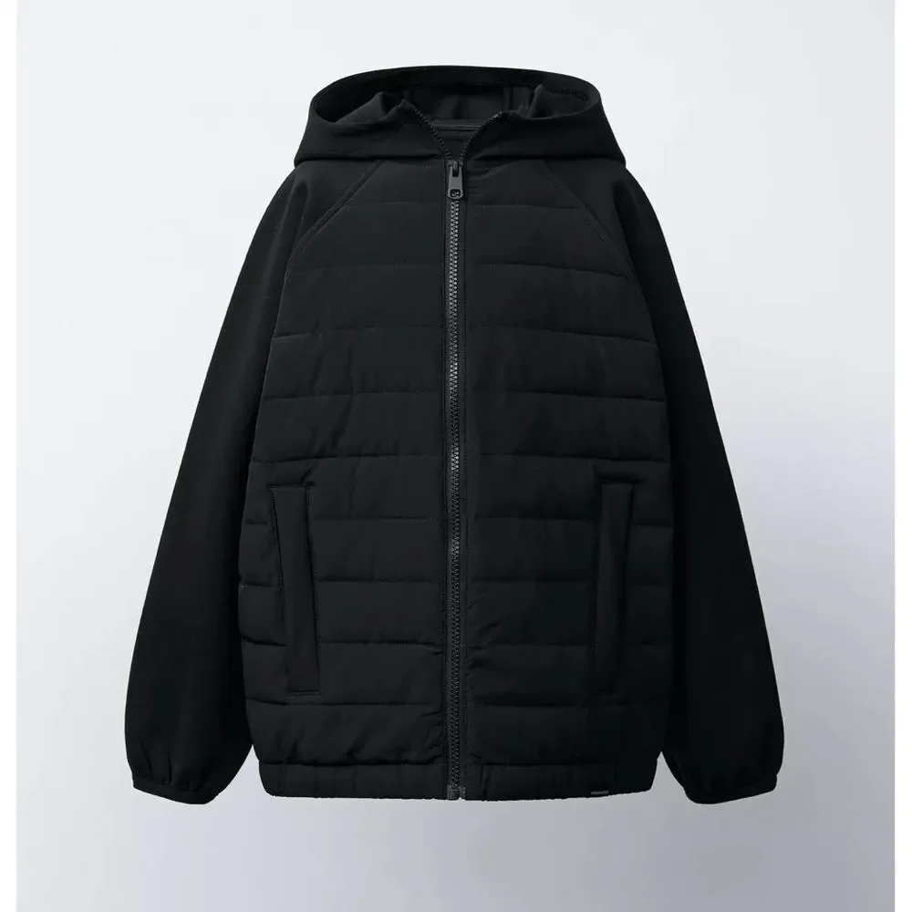 Zara Neoprene Black Hooded Puffer Jacket NWT Size 7-8 years old